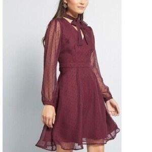 Modcloth Deep Red Long Sleeve Dress with Bow